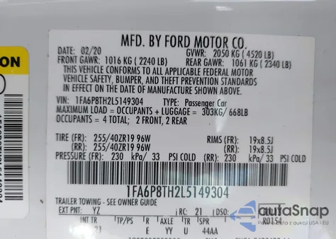 2020 Ford Mustang Ecoboost Fastback из США, поврежденный, VIN 1FA6P8TH2L5149304